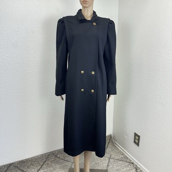 VTG 80s Michelle Francois Black Wool Long DoubleBreast Trench Coat Money Staple - Picture 1 of 14